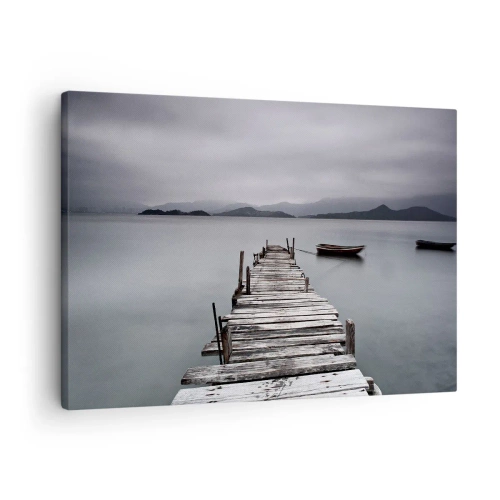 Cuadro sobre lienzo - Impresión de Imagen - Un puente de madera que conduce a la tranquila superficie del lago. - 70x50cm - Mañana partimos - Decoración de pared moderna para salón y dormitorio ARTTOR