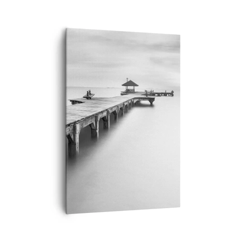 Cuadro sobre lienzo - Impresión de Imagen - Una vista en blanco y negro de un muelle de madera sobre aguas tranquilas. - 70x100cm - Lejos - Decoración de pared moderna para salón y dormitorio ARTTOR