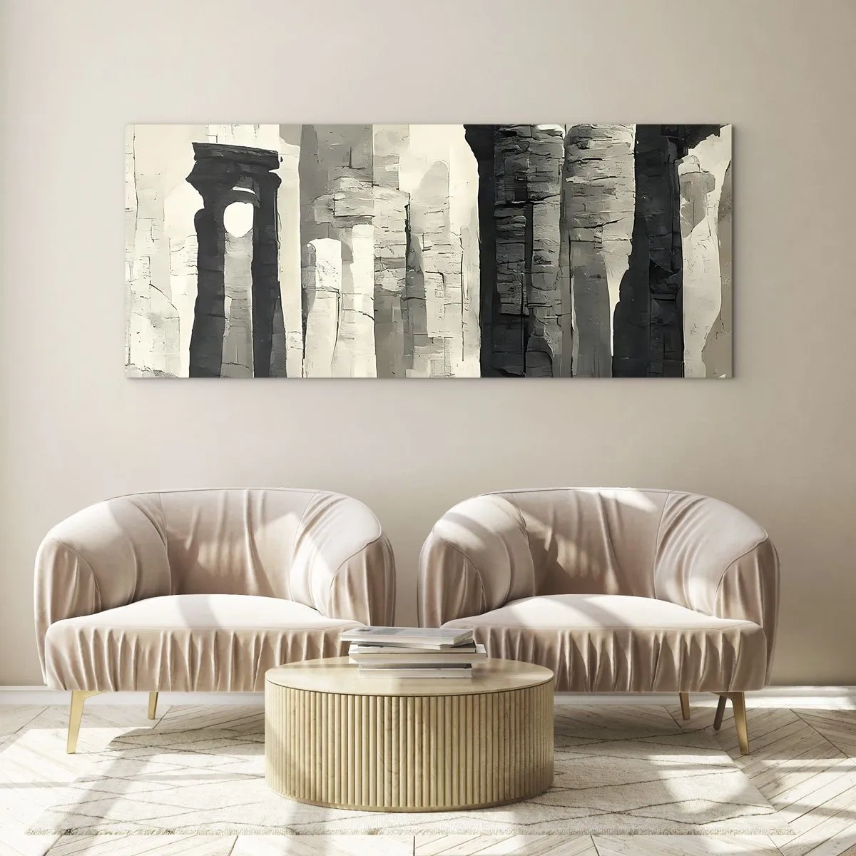 Cuadro sobre vidrio - Impresiones sobre Vidrio - Columnas históricas en un entorno monocromático atmosférico - 160x50cm - La majestuosidad de la antigüedad - Decoración de pared moderna para salón y dormitorio ARTTOR