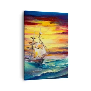 Cuadro sobre lienzo - Impresión de Imagen - Un velero con el telón de fondo de una colorida puesta de sol. - 50x70cm - Valientemente surcando las olas - Decoración de pared moderna para salón y dormitorio ARTTOR