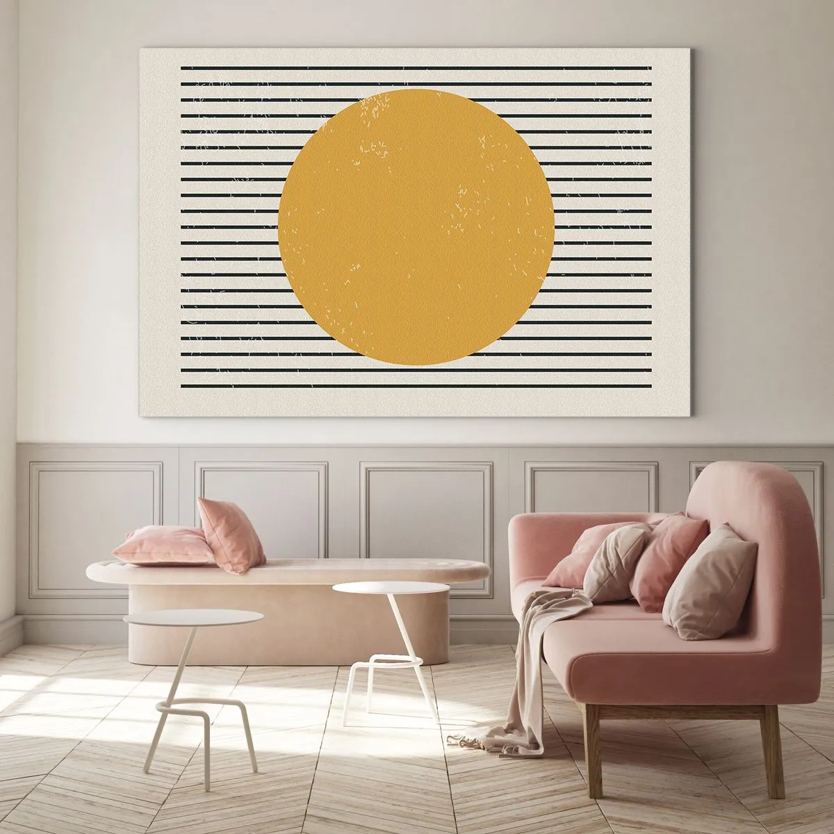 Cuadro sobre vidrio - Impresiones sobre Vidrio - Un círculo naranja sobre un fondo de líneas negras horizontales sobre un fondo beige. - 70x50cm - El poder de la sencillez - Decoración de pared moderna para salón y dormitorio ARTTOR
