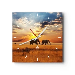Reloj de pared - Reloj de vidrio - Elefantes en la sabana al atardecer - 30x30cm - Un paseo en familia - Decoración de pared moderna para salón y dormitorio ARTTOR