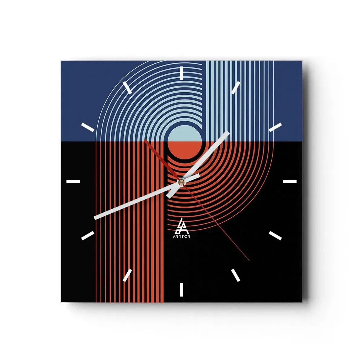 Reloj de pared - Reloj de vidrio - Abstracción geométrica con líneas en azul marino y naranja. - 30x30cm - En un abrazo geométrico - Decoración de pared moderna para salón y dormitorio ARTTOR
