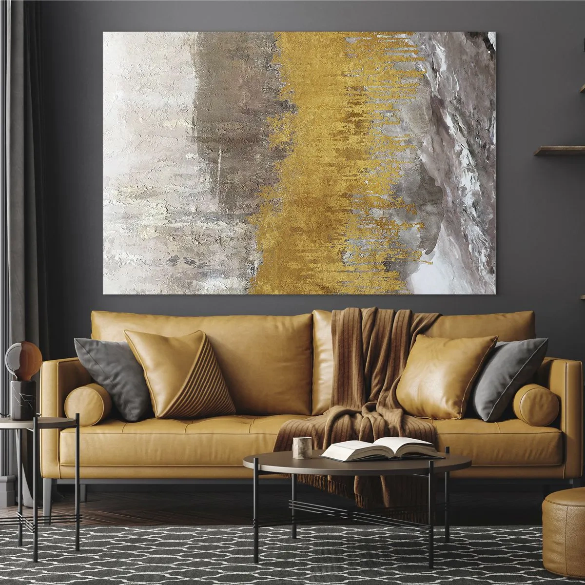 Cuadro sobre vidrio - Impresiones sobre Vidrio - Las estructuras doradas y terrosas crean una abstracción dinámica. - 70x50cm - Una ráfaga dorada - Decoración de pared moderna para salón y dormitorio ARTTOR