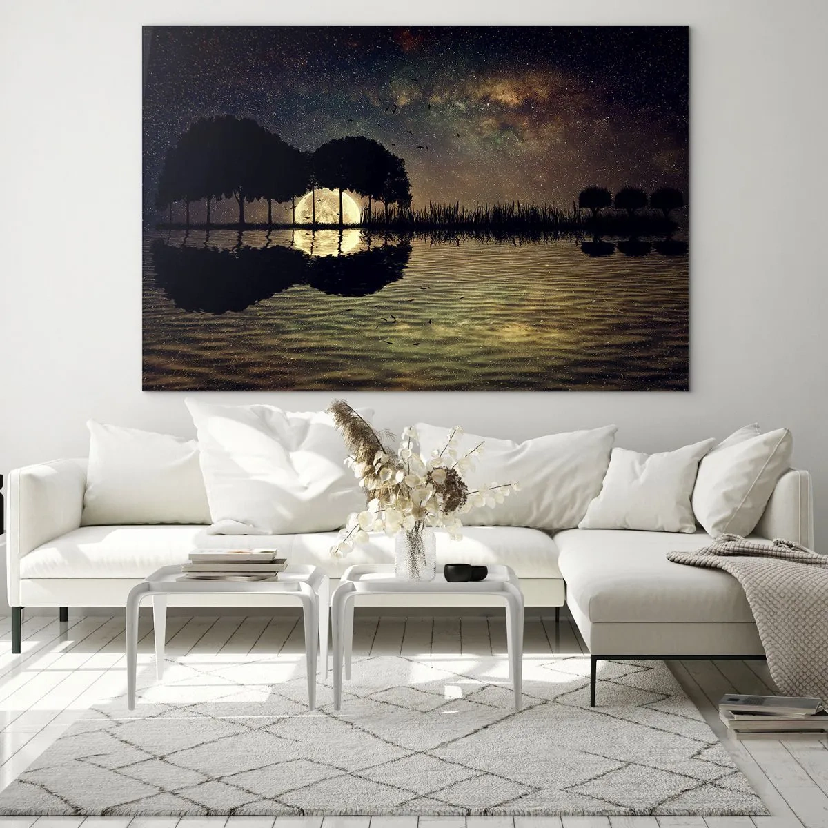 Cuadro sobre vidrio - Impresiones sobre Vidrio - Escena nocturna con luna llena reflejada en el agua. - 100x70cm - Noche en el fin del mundo - Decoración de pared moderna para salón y dormitorio ARTTOR