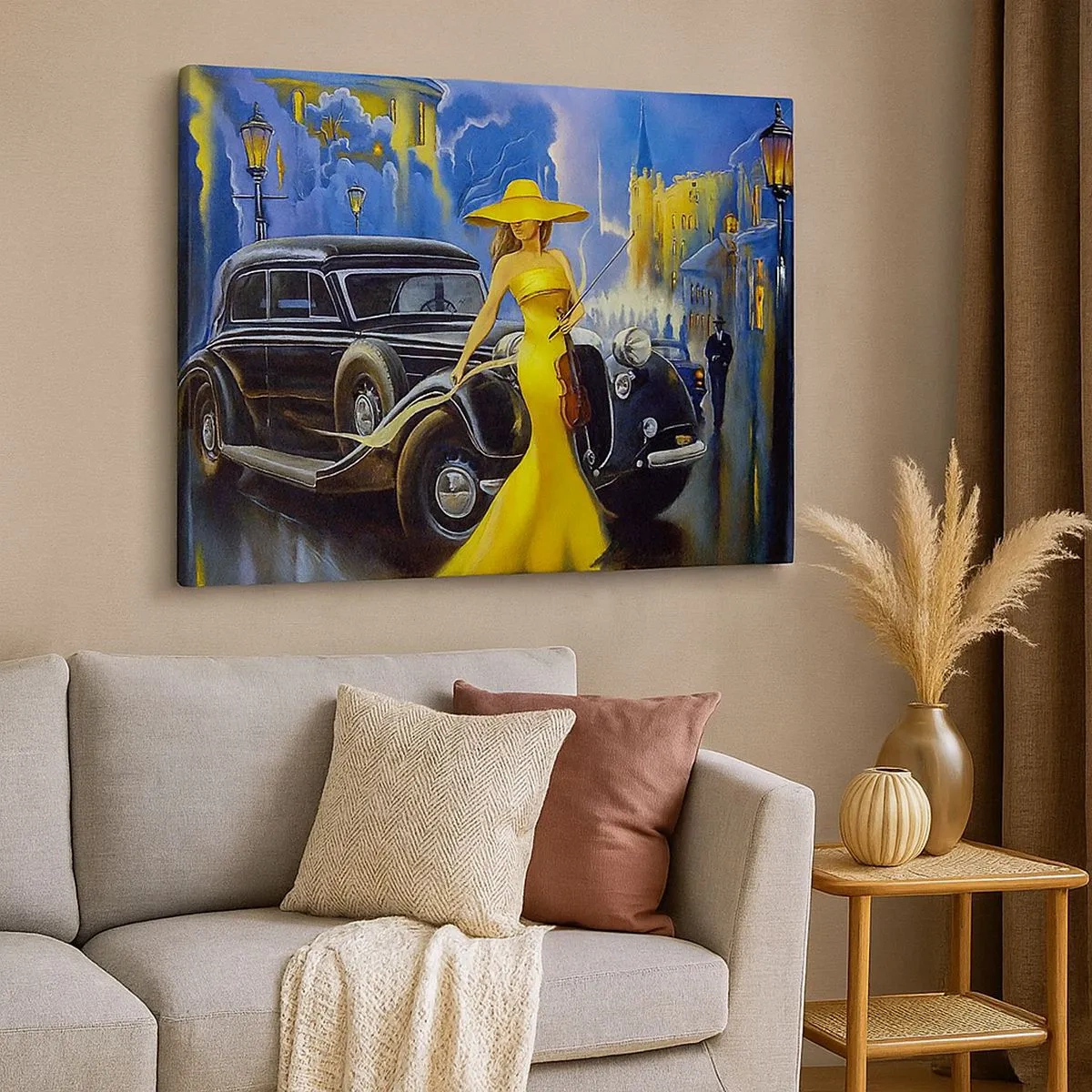 Cuadro sobre lienzo - Impresión de Imagen - Una mujer con un vestido amarillo con un violín junto a un coche retro. - 70x50cm - Noche de violín y pasión - Decoración de pared moderna para salón y dormitorio ARTTOR