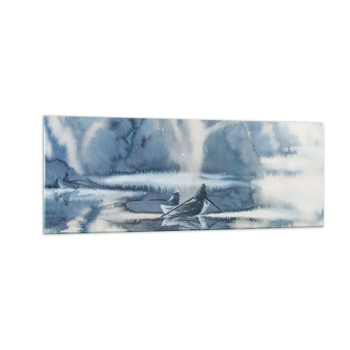 Cuadro sobre vidrio - Impresiones sobre Vidrio - Paisaje de acuarela con barcos en un lago rodeado de un bosque brumoso. - 140x50cm - Pescadores en su paraíso - Decoración de pared moderna para salón y dormitorio ARTTOR