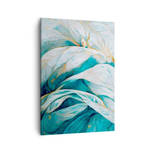 Cuadro sobre lienzo - Impresión de Imagen - Hojas azules abstractas con detalles dorados - 50x70cm - Abstracción azul con motivos dorados - Decoración de pared moderna para salón y dormitorio ARTTOR