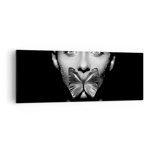 Cuadro sobre lienzo - Impresión de Imagen - Rostro de mujer en blanco y negro con una mariposa en los labios. - 140x50cm - Beso de mariposa - Decoración de pared moderna para salón y dormitorio ARTTOR