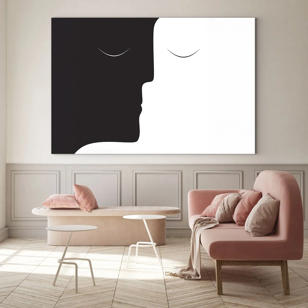 Cuadro sobre vidrio - Impresiones sobre Vidrio - Rostros minimalistas en blanco y negro que forman una unidad - 100x70cm - Unidad de los opuestos - Decoración de pared moderna para salón y dormitorio ARTTOR