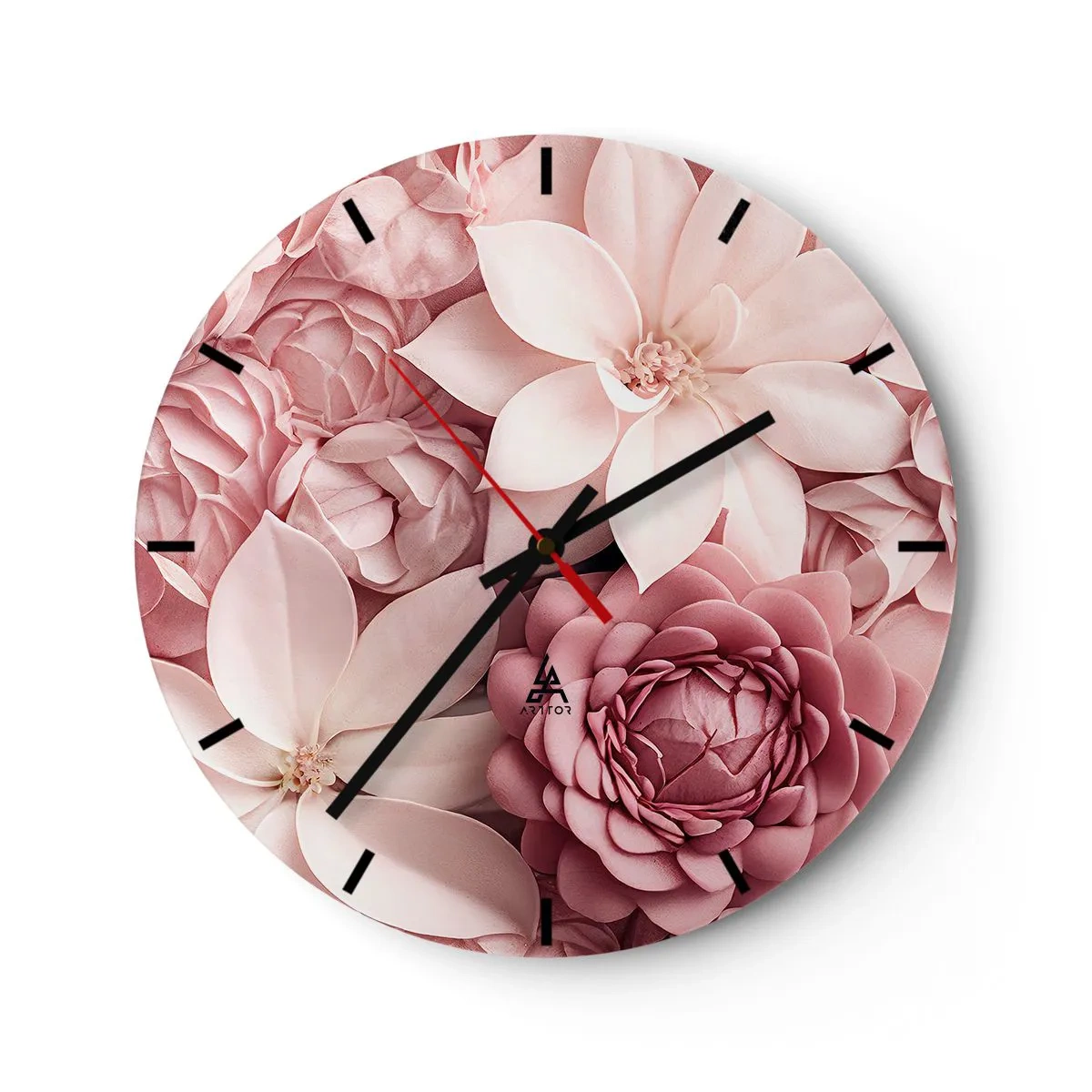 Reloj de pared - Reloj de vidrio - Una composición de flores rosas de varios tonos y formas. - 30x30cm - Entre pétalos rosas - Decoración de pared moderna para salón, cocina y dormitorio ARTTOR