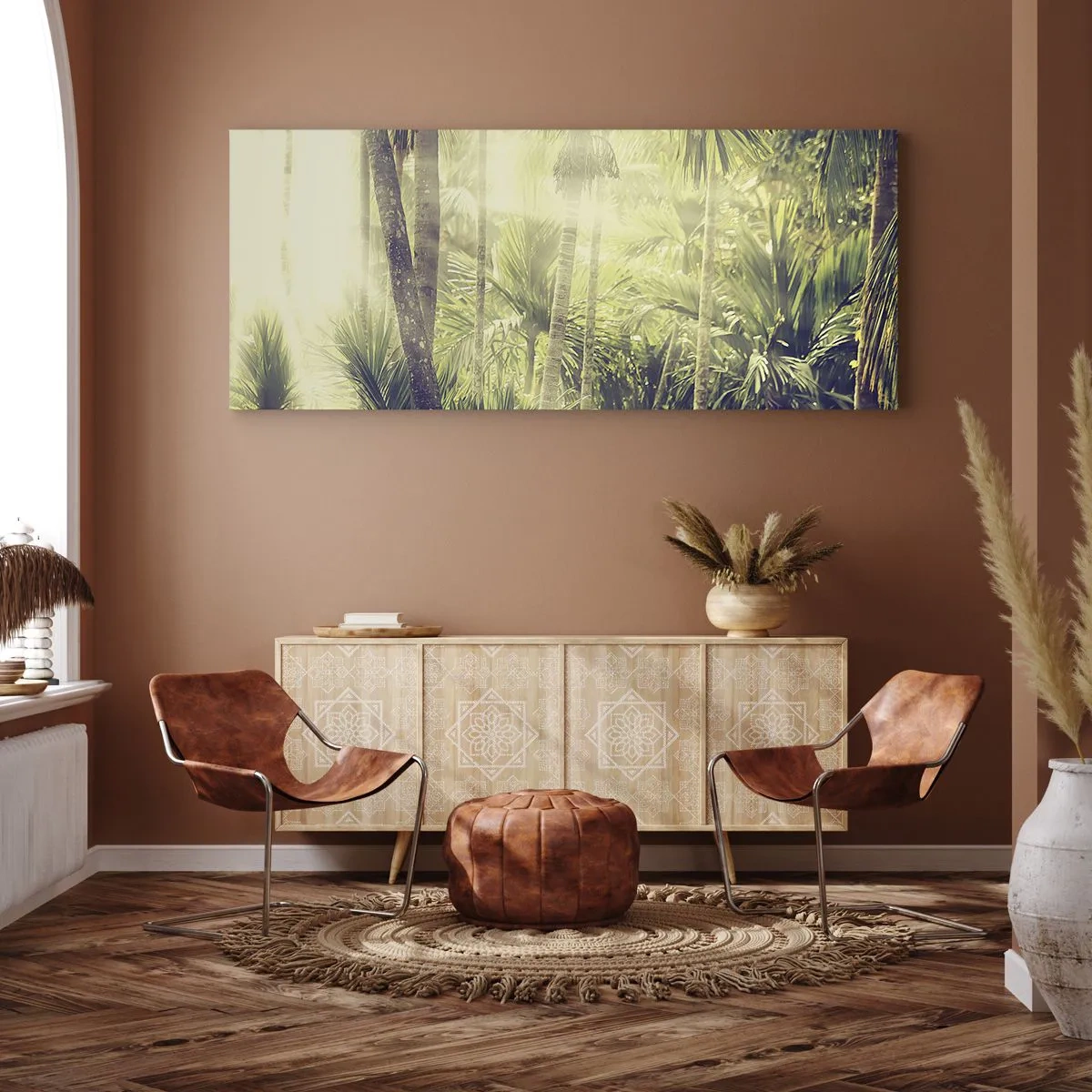 Cuadro sobre lienzo - Impresión de Imagen - Rayos de sol en un bosque tropical de palmeras - 140x50cm - En el cálido verde - Decoración de pared moderna para salón y dormitorio ARTTOR