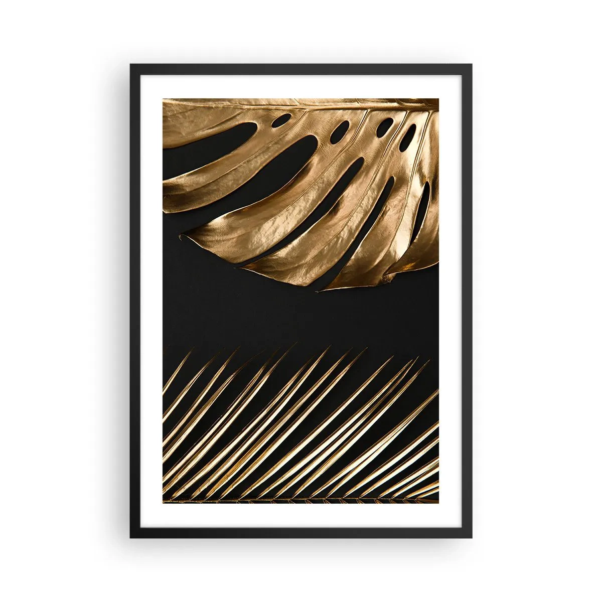 Póster en marco negro - Hojas doradas sobre fondo negro en un estilo elegante. - 50x70cm - Diferente, e igualmente valioso - Decoración de pared moderna para salón y dormitorio ARTTOR