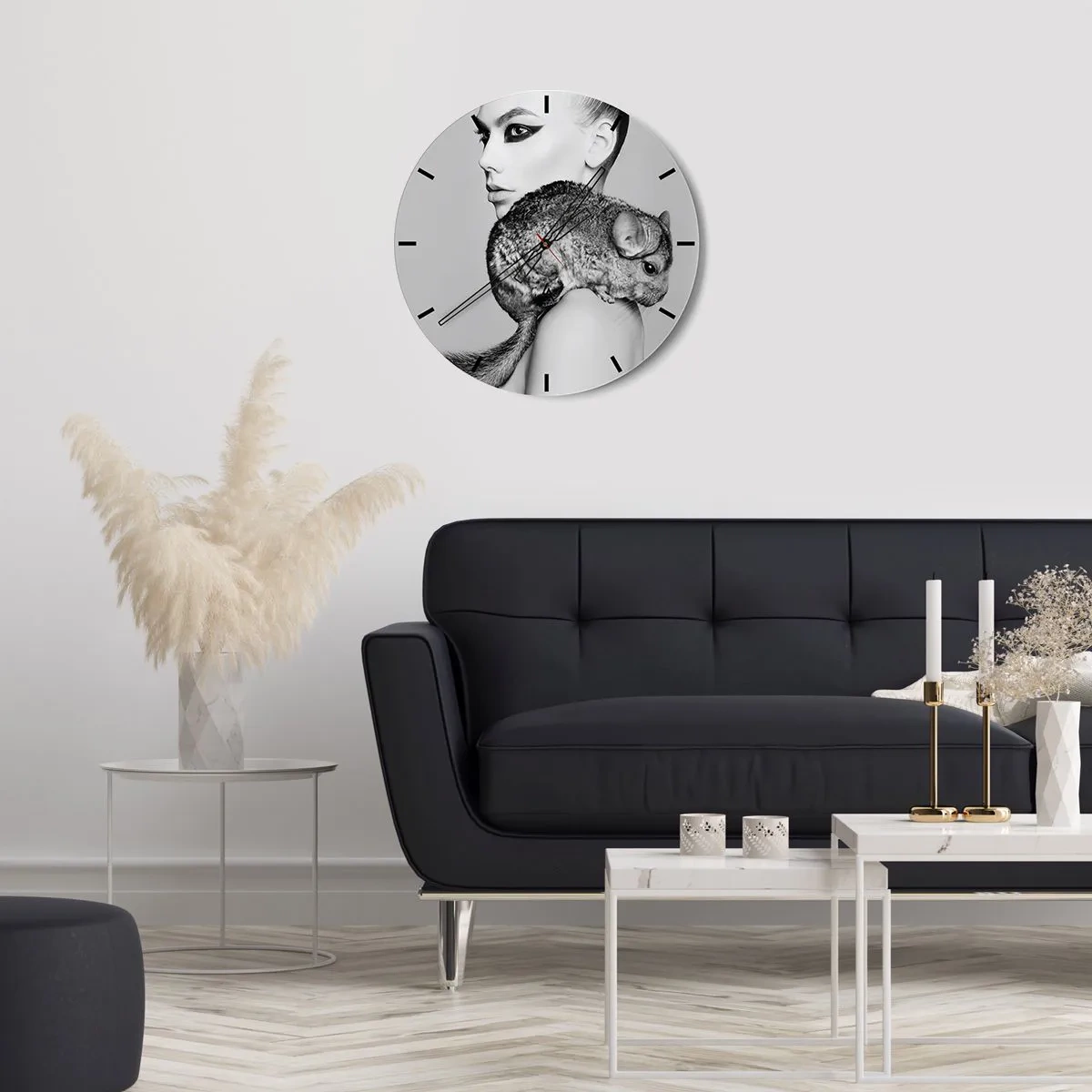 Reloj de pared - Reloj de vidrio - Dama con chinchilla - 40x40 cm