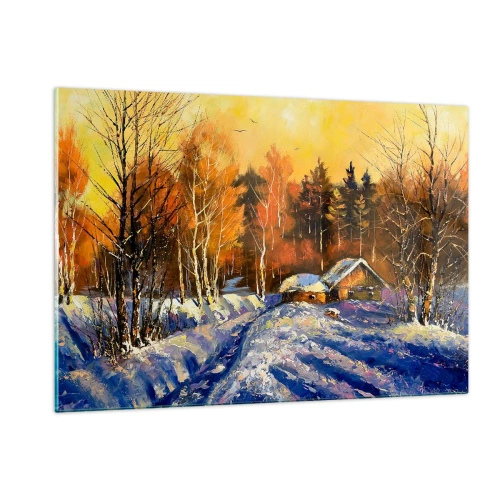 Cuadro sobre vidrio - Impresiones sobre Vidrio - Paisaje invernal con una cabaña de madera al atardecer - 120x80cm - Una impresión invernal al sol - Decoración de pared moderna para salón y dormitorio ARTTOR