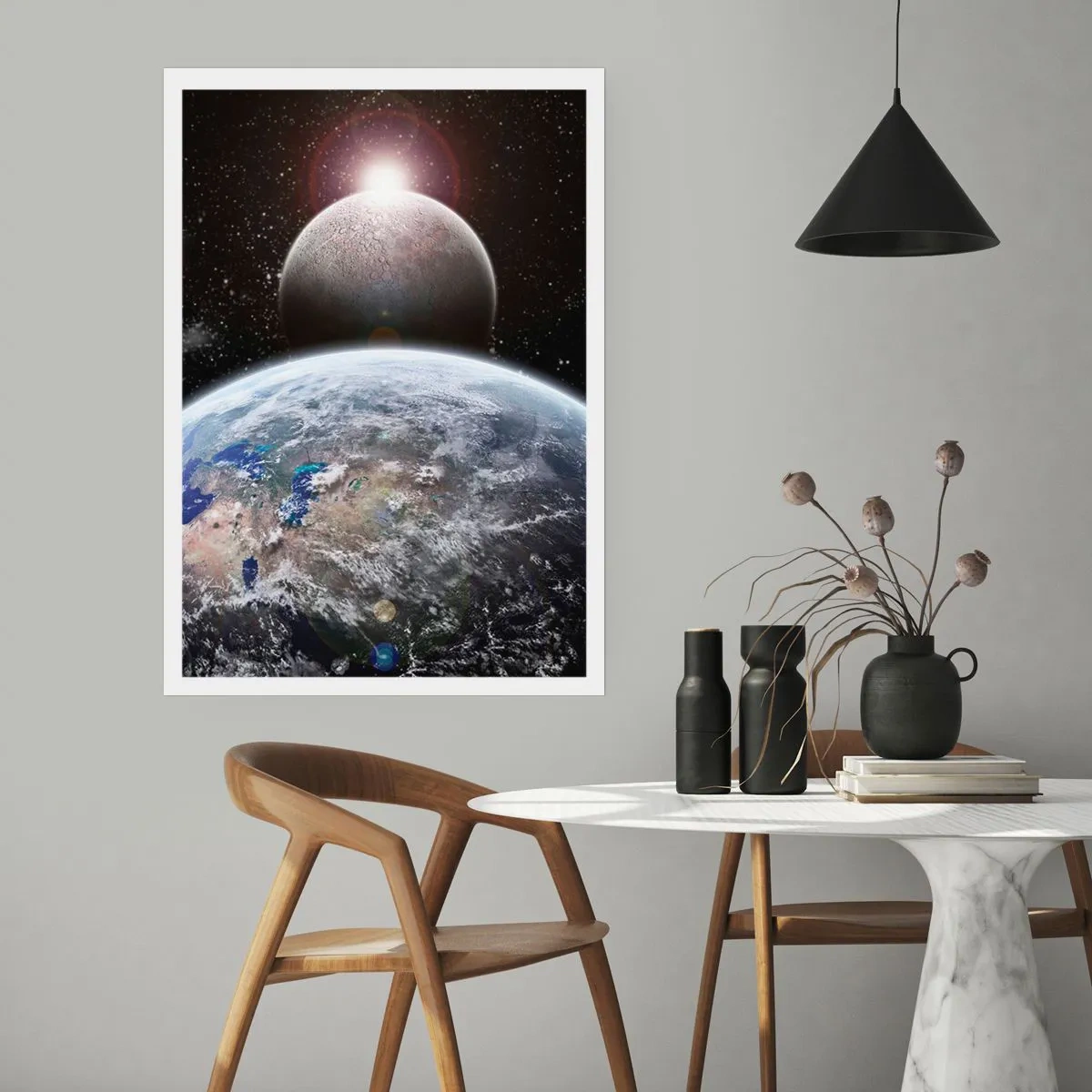 Póster - Planetas Tierra y Luna en el espacio - 50x70cm - Paisaje cósmico - amanecer - Decoración de pared moderna para salón y dormitorio ARTTOR