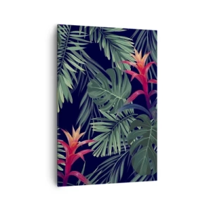 Cuadro sobre lienzo - Impresión de Imagen - Hojas y flores tropicales sobre un fondo oscuro. - 70x100cm - Encender el color verde - Decoración de pared moderna para salón y dormitorio ARTTOR