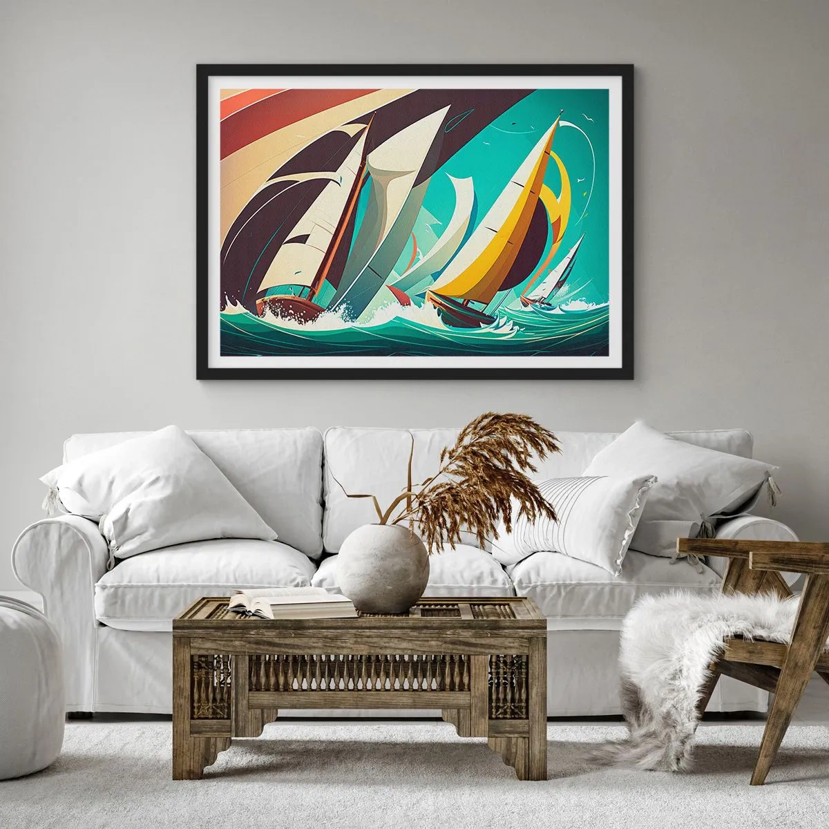 Póster en marco negro - Una ilustración dinámica de veleros en un mar tempestuoso. - 100x70cm - Afrontar los elementos - Decoración de pared moderna para salón y dormitorio ARTTOR