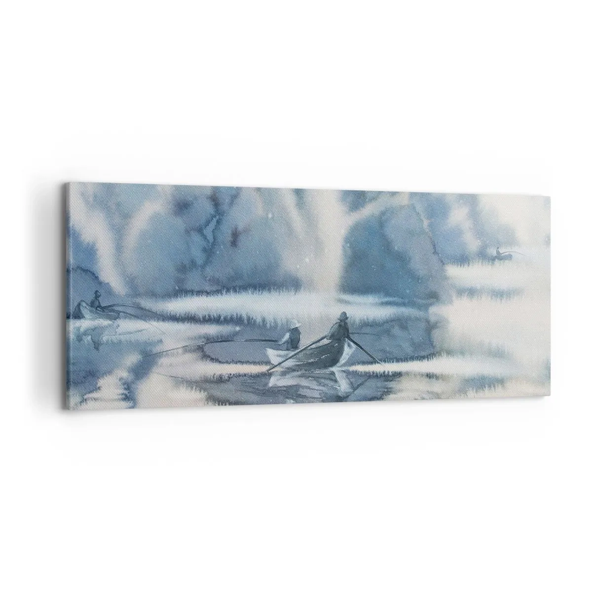 Cuadro sobre lienzo - Impresión de Imagen - Paisaje de acuarela con barcos en un lago rodeado de un bosque brumoso. - 120x50cm - Pescadores en su paraíso - Decoración de pared moderna para salón y dormitorio ARTTOR