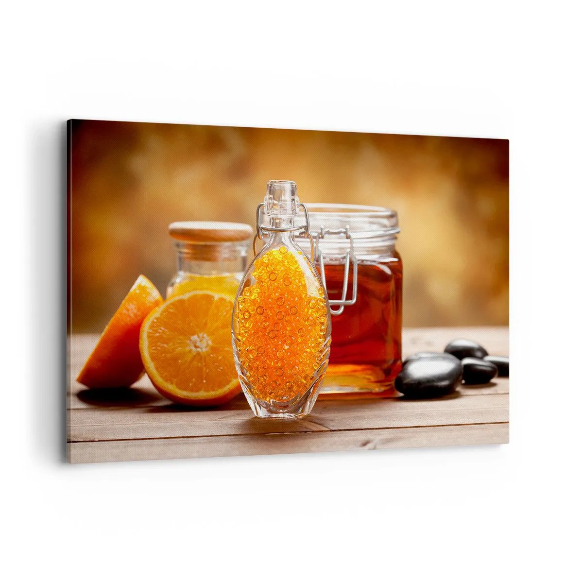 Cuadro sobre lienzo - Impresión de Imagen - Una botella de líquido ámbar y naranjas frescas. - 120x80cm - Sabores y aromas soleados - Decoración de pared moderna para salón y dormitorio ARTTOR