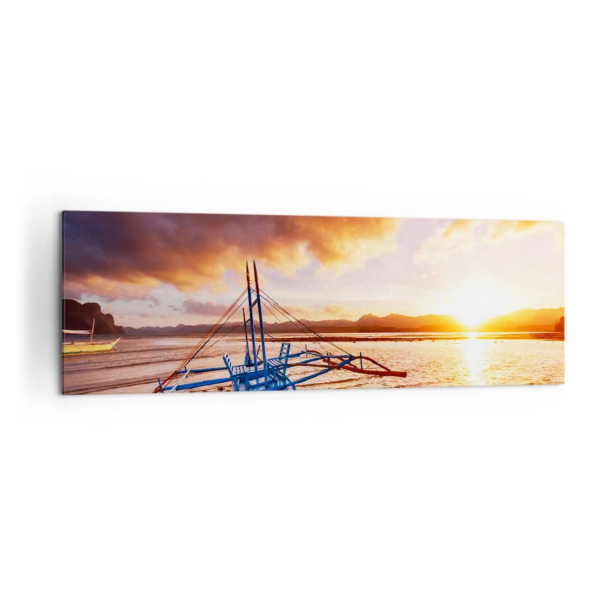 Cuadro sobre lienzo - Impresión de Imagen - Barco azul en la playa al atardecer - 160x50cm - Después de un largo día, relájate en la arena - Decoración de pared moderna para salón y dormitorio ARTTOR