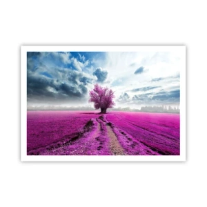 Póster - Un árbol solitario en un campo de un tono rosa intenso. - 100x70cm - El brezal - un encanto - Decoración de pared moderna para salón y dormitorio ARTTOR