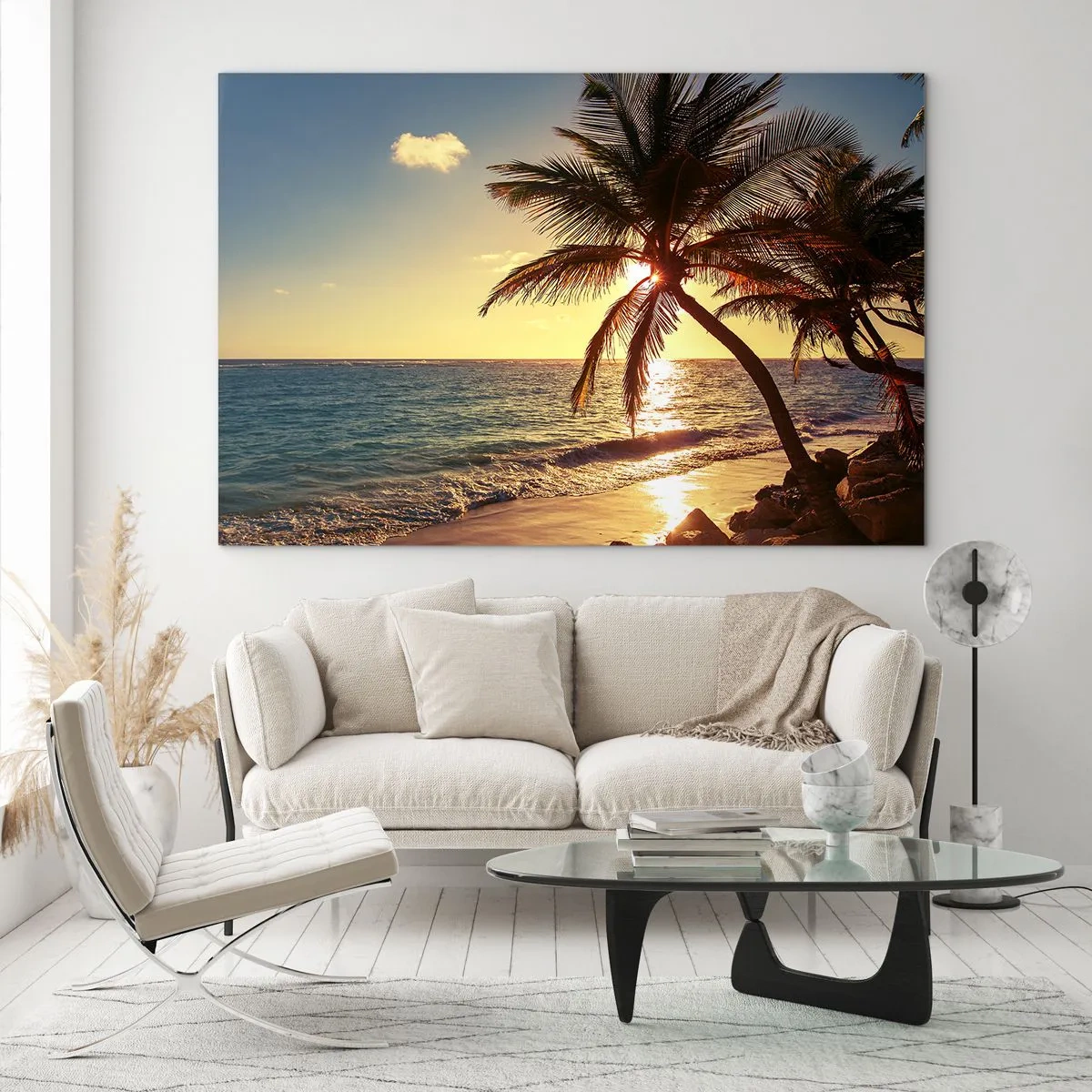 Cuadro sobre vidrio - Impresiones sobre Vidrio - Playa tropical con palmeras a la luz del sol poniente. - 120x80cm - Verano bajo las palmeras - Decoración de pared moderna para salón y dormitorio ARTTOR