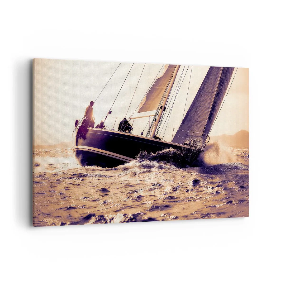 Cuadro sobre lienzo - Impresión de Imagen - Un yate en un mar tempestuoso a la luz del sol poniente. - 120x80cm - Navega, marinero - Decoración de pared moderna para salón y dormitorio ARTTOR