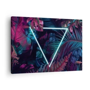 Cuadro sobre lienzo - Impresión de Imagen - Un triángulo de neón rodeado de hojas tropicales en colores oscuros. - 70x50cm - Jardín fluorescente - Decoración de pared moderna para salón y dormitorio ARTTOR