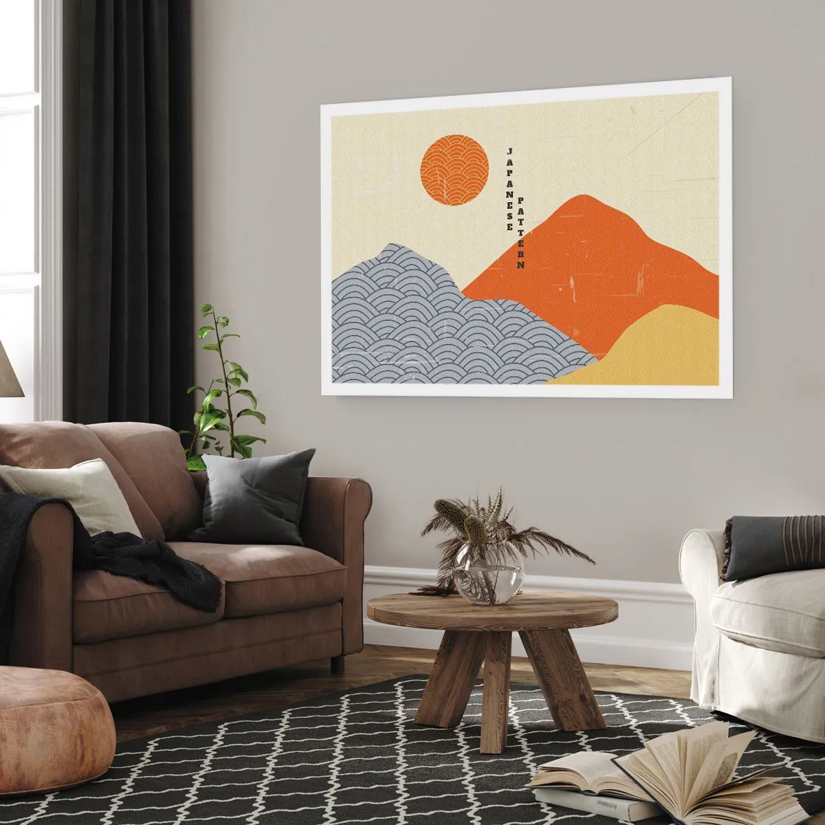 Póster - Patrones japoneses con montañas, sol y estilo minimalista. - 100x70cm - En el espíritu japonés - Decoración de pared moderna para salón y dormitorio ARTTOR