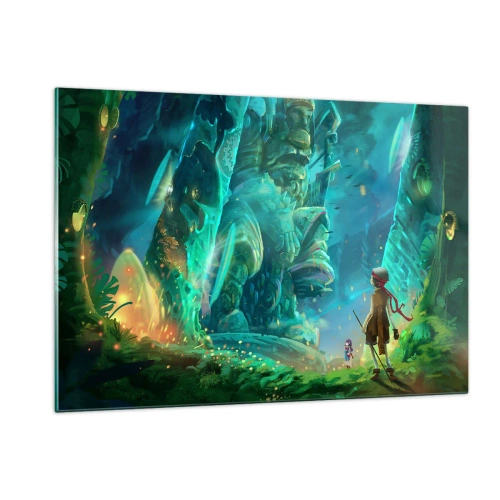 Cuadro sobre vidrio - Impresiones sobre Vidrio - Paisaje de fantasía con una figura y una estatua antigua en el bosque. - 120x80cm - Del gran libro de los cuentos de hadas - Decoración de pared moderna para salón y dormitorio ARTTOR