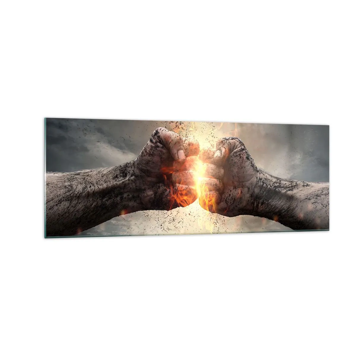 Cuadro sobre vidrio - Impresiones sobre Vidrio - Puños cerrados en una escena de incendio dinámica - 140x50cm - La lucha comienza - Decoración de pared moderna para salón y dormitorio ARTTOR