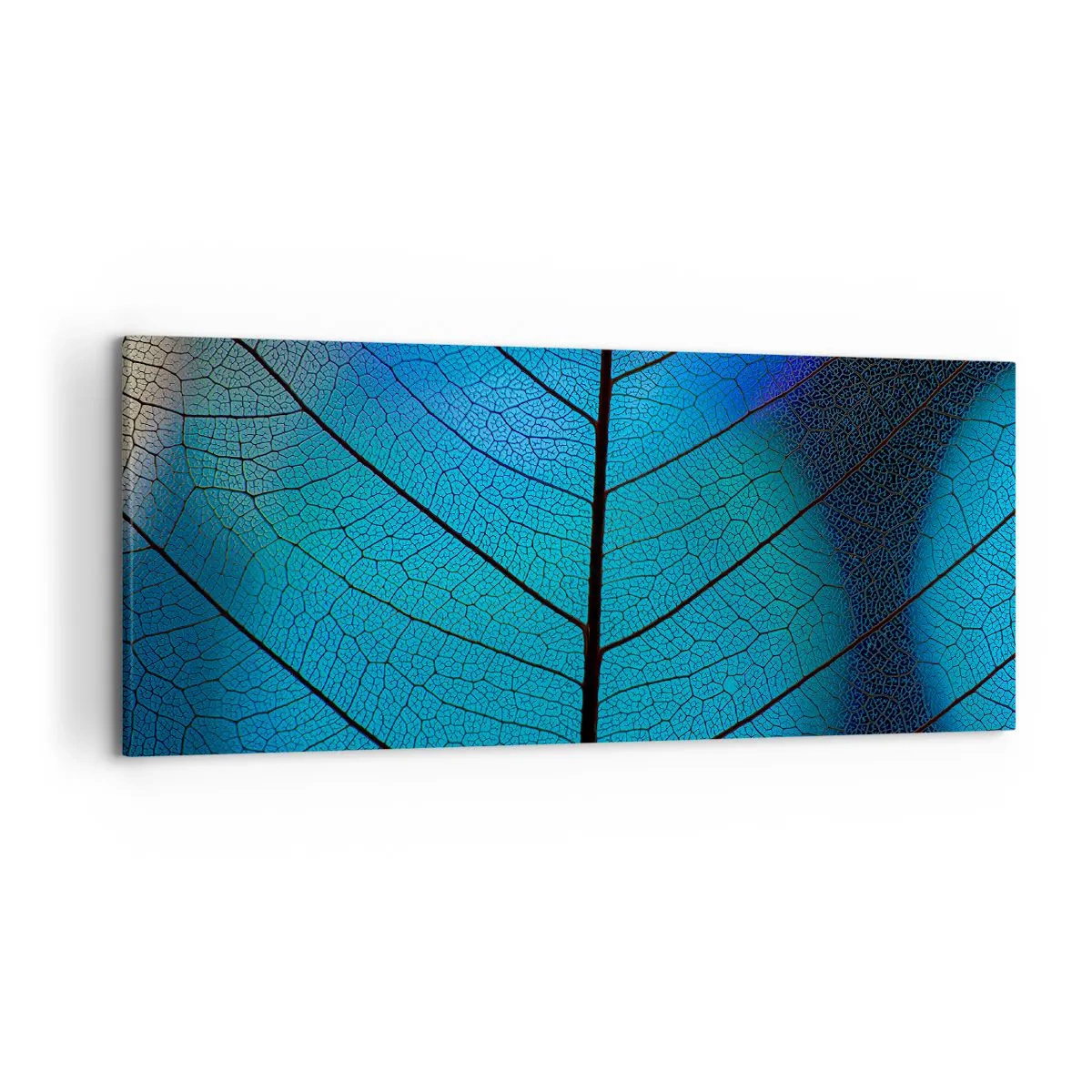 Cuadro sobre lienzo - Impresión de Imagen - Primer plano de una hoja azul con detalle de vena visible - 120x50cm - Construcción intrincada - Decoración de pared moderna para salón y dormitorio ARTTOR