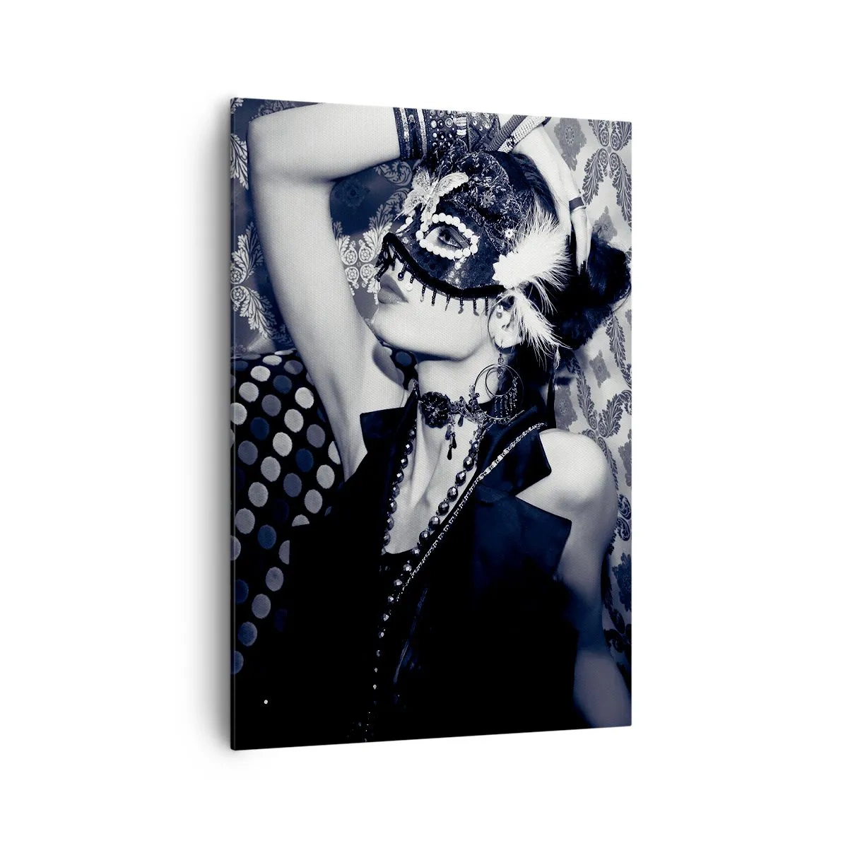 Cuadro sobre lienzo - Impresión de Imagen - Una mujer con una máscara veneciana sobre un fondo de patrones ornamentados. - 70x100cm - Decoraciones, adornos, patrones... - Decoración de pared moderna para salón y dormitorio ARTTOR