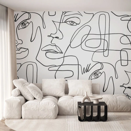 Fotomural Premium Canvas - Un dibujo minimalista de una cara con líneas sobre un fondo claro. - 100x70cm - Entre emociones enredadas - Decoración de pared moderna para salón y dormitorio ARTTOR