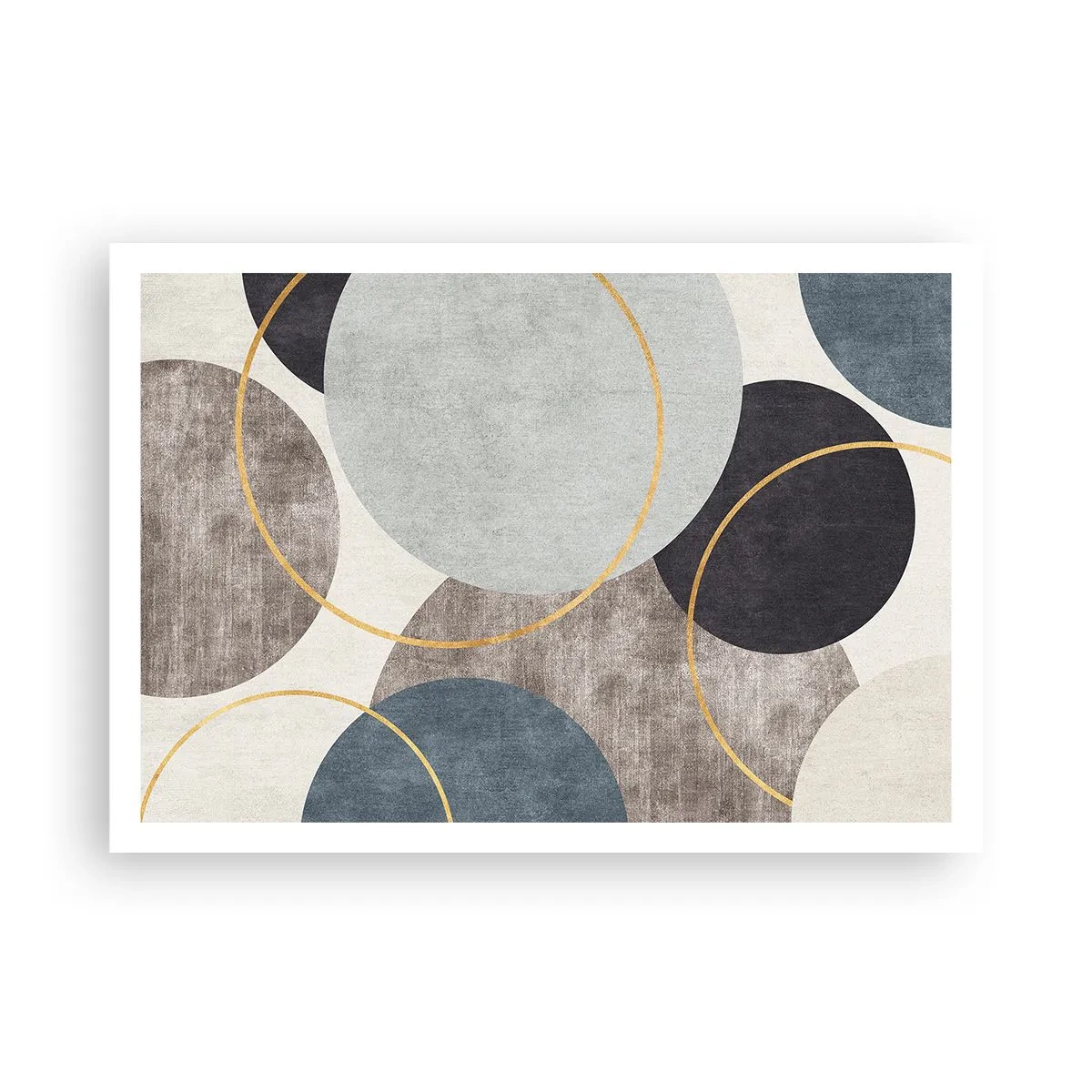 Póster - Círculos geométricos en tonos grises, azules y dorados. - 100x70cm - Círculo tras círculo - Decoración de pared moderna para salón y dormitorio ARTTOR