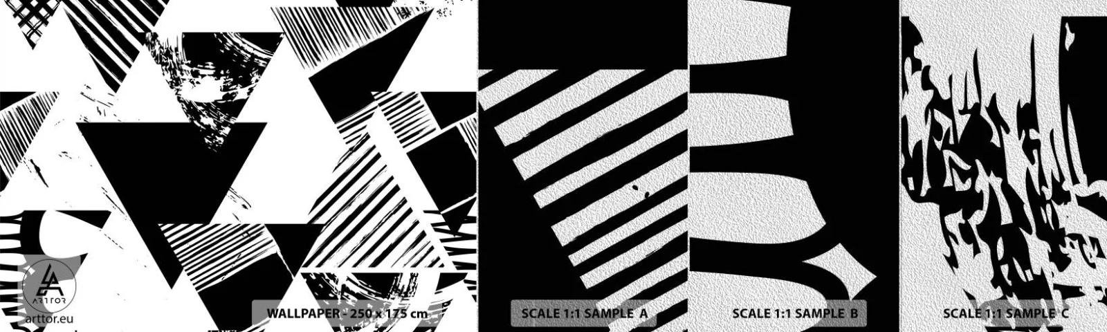 Muestra de fotomural Premium Sand - Una lluvia de triángulos - Abstracción, Gráficos, En blanco y negro - 100x30 cm
