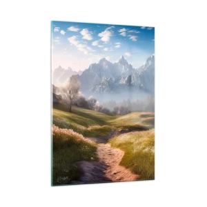 Cuadro sobre vidrio - Impresiones sobre Vidrio - Paisaje primaveral con un valle, flores y montañas al fondo por la mañana. - 50x70cm - Valle idílico - Decoración de pared moderna para salón y dormitorio ARTTOR