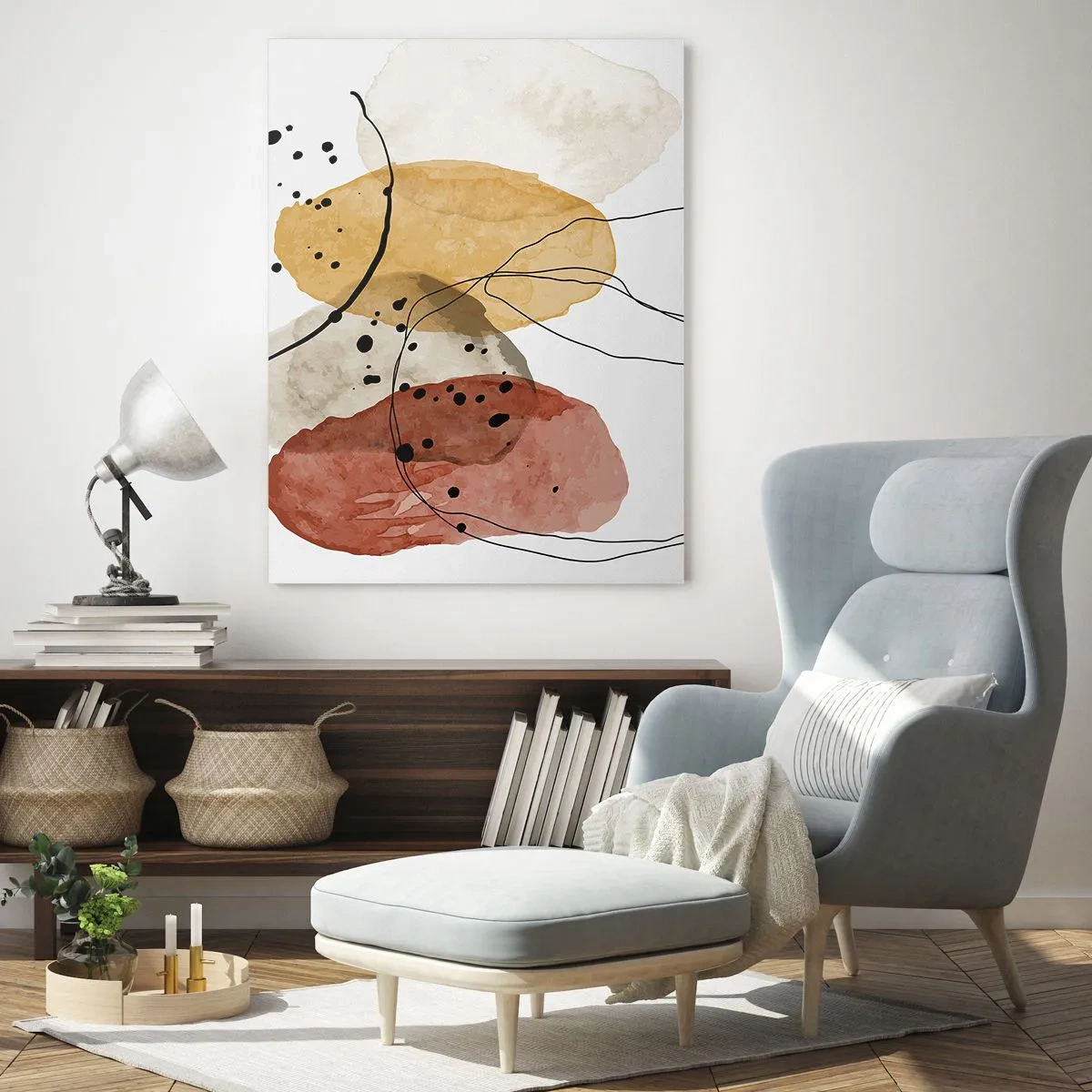 Cuadro sobre vidrio - Impresiones sobre Vidrio - Manchas abstractas en tonos beige, amarillo y rojo. - 80x120cm - Líneas y transparencias - Decoración de pared moderna para salón y dormitorio ARTTOR