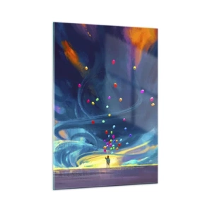 Cuadro sobre vidrio - Impresiones sobre Vidrio - Una persona sostiene globos de colores contra un fondo de viento azul. - 50x70cm - En un viento azul - Decoración de pared moderna para salón y dormitorio ARTTOR