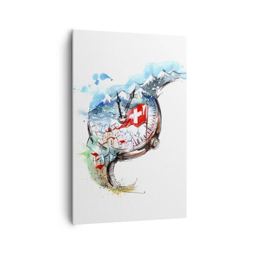 Cuadro sobre lienzo - Impresión de Imagen - Un paisaje de acuarela de Suiza con un diseño de relojería. - 80x120cm - El espíritu de Suiza - Decoración de pared moderna para salón y dormitorio ARTTOR