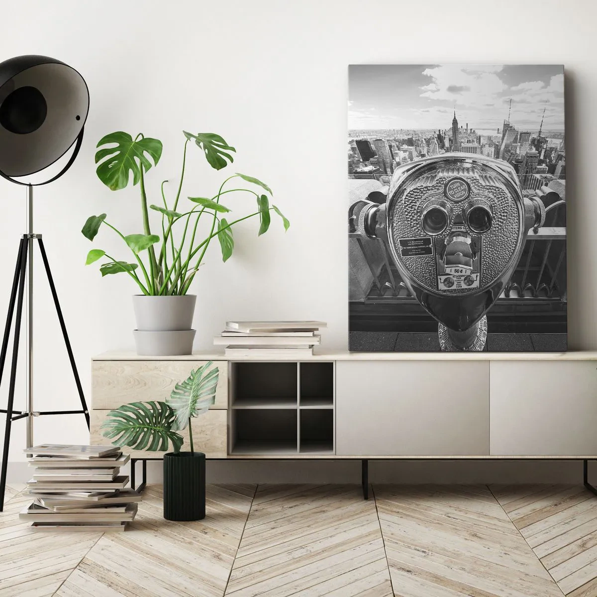 Cuadro sobre lienzo - Impresión de Imagen - Vista monocromática a través del telescopio del panorama de la ciudad. - 50x70cm - Sobre la ciudad - Decoración de pared moderna para salón y dormitorio ARTTOR