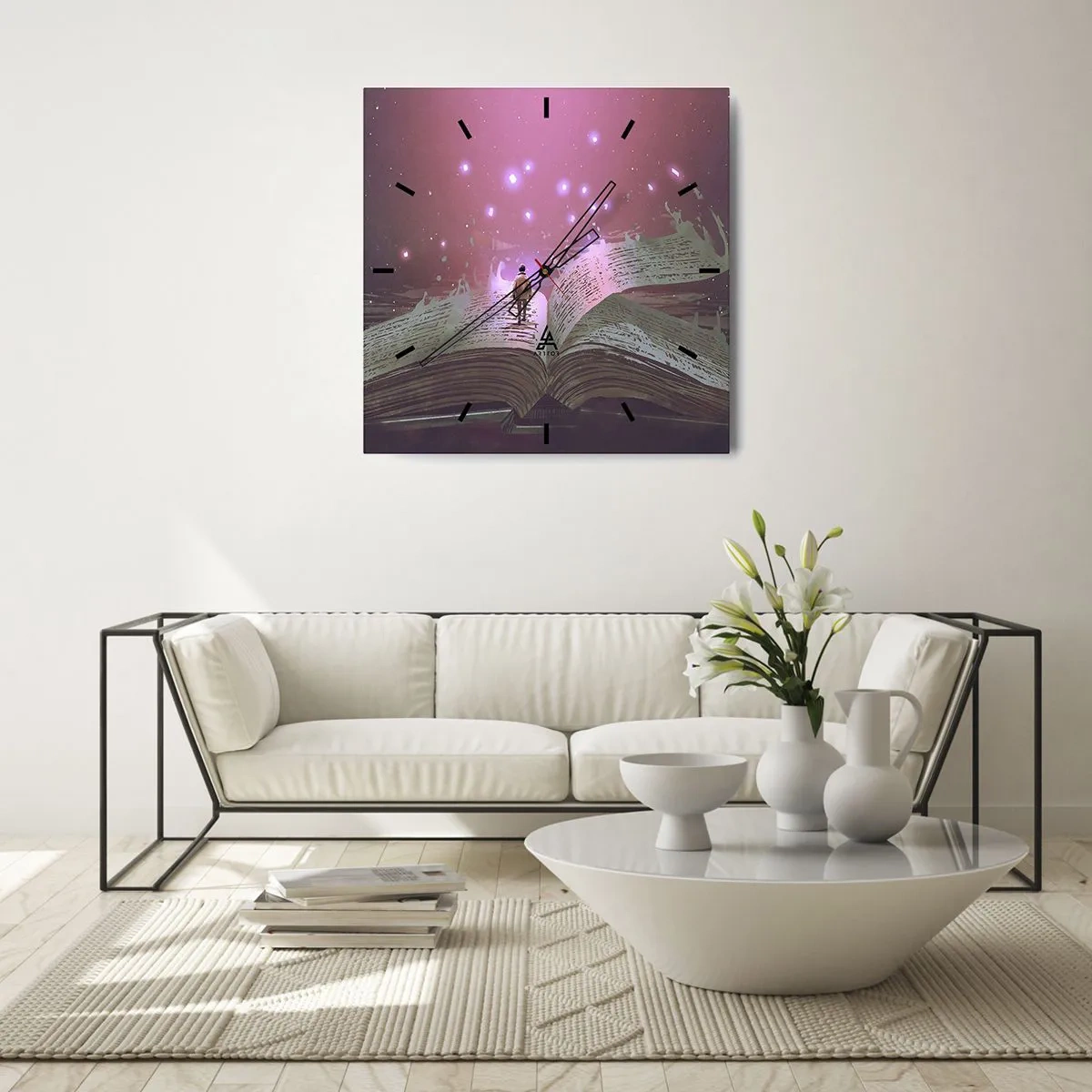 Reloj de pared - Reloj de vidrio - Una figura pisa un libro abierto bajo una luz mágica. - 30x30cm - Una invitación a otro mundo - Decoración de pared moderna para salón y dormitorio ARTTOR