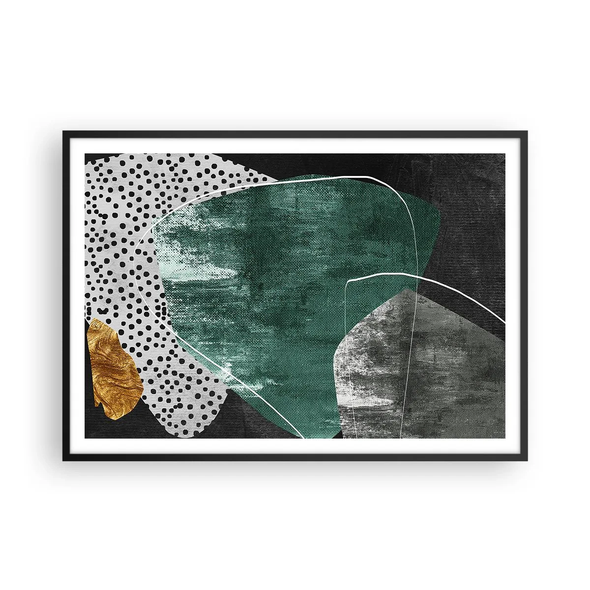 Póster en marco negro - Composición abstracta con formas verdes y patrones de puntos. - 100x70cm - Abstracción colorista con un copo de oro - Decoración de pared moderna para salón y dormitorio ARTTOR