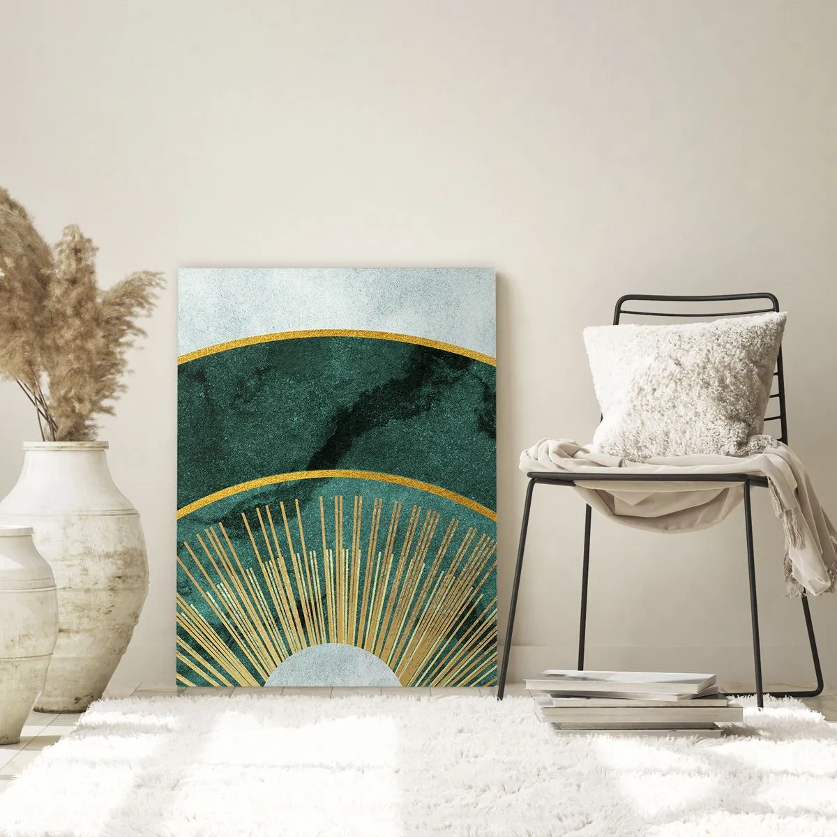 Cuadro sobre vidrio - Impresiones sobre Vidrio - Rayos dorados sobre un fondo de semicírculos verdes con estructura de mármol. - 50x70cm - Un sistema solar diferente - Decoración de pared moderna para salón y dormitorio ARTTOR