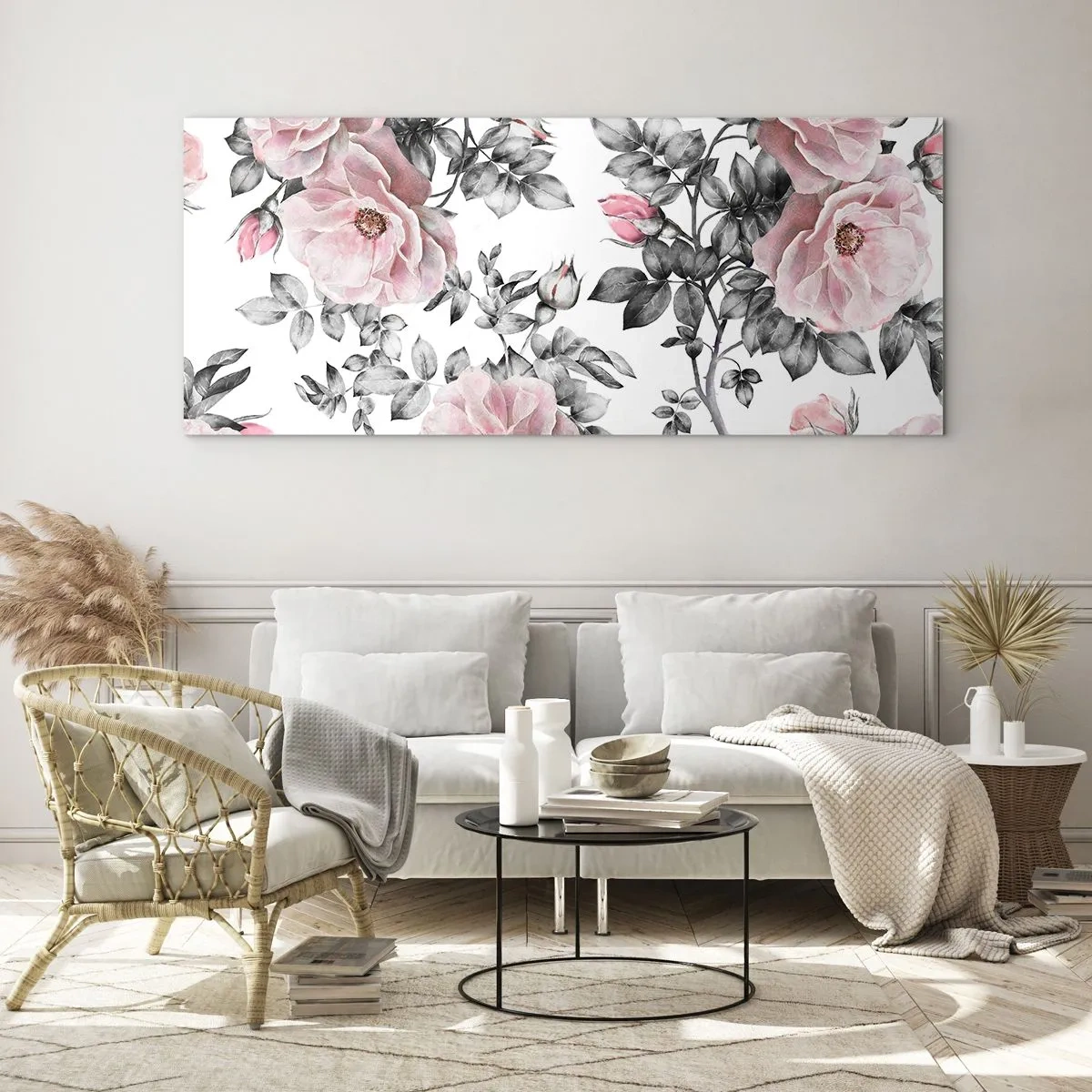Cuadro sobre vidrio - Impresiones sobre Vidrio - Rosas rosas y hojas sobre un delicado fondo blanco y negro. - 160x50cm - Entre las rosas - Decoración de pared moderna para salón y dormitorio ARTTOR
