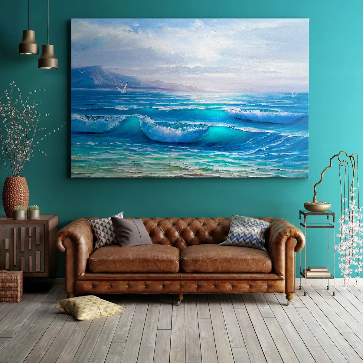 Cuadro sobre lienzo - Impresión de Imagen - Un pintoresco paisaje marino con olas y un cielo azul. - 120x80cm - Trae consuelo - Decoración de pared moderna para salón y dormitorio ARTTOR
