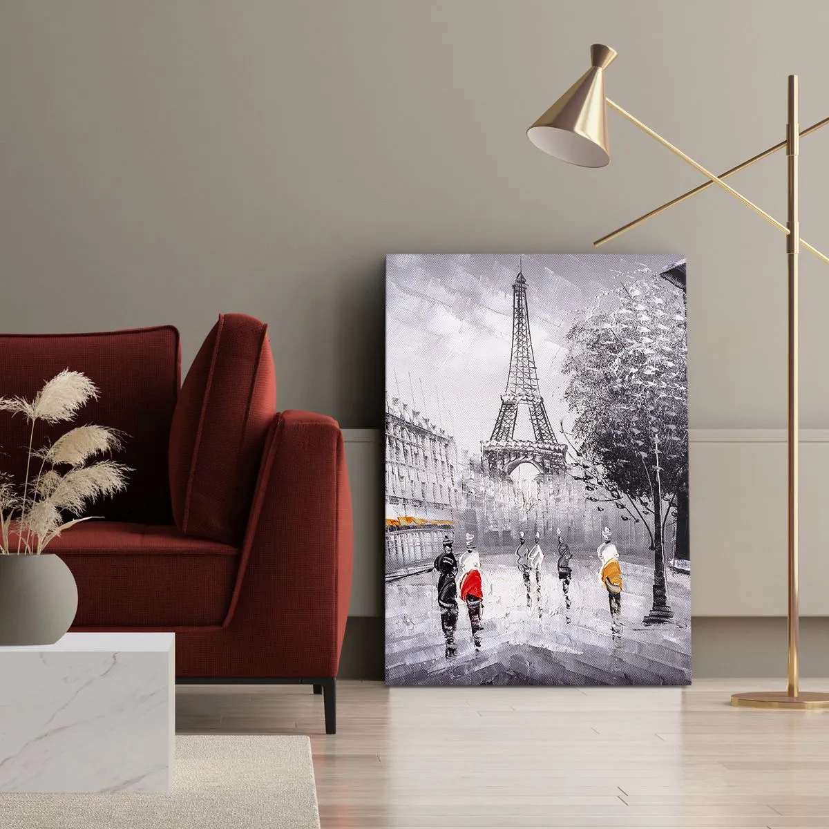 Cuadro sobre lienzo - Impresión de Imagen - Una vista de la Torre Eiffel en un entorno monocromático con acentos de color. - 50x70cm - Un paseo parisino - Decoración de pared moderna para salón y dormitorio ARTTOR