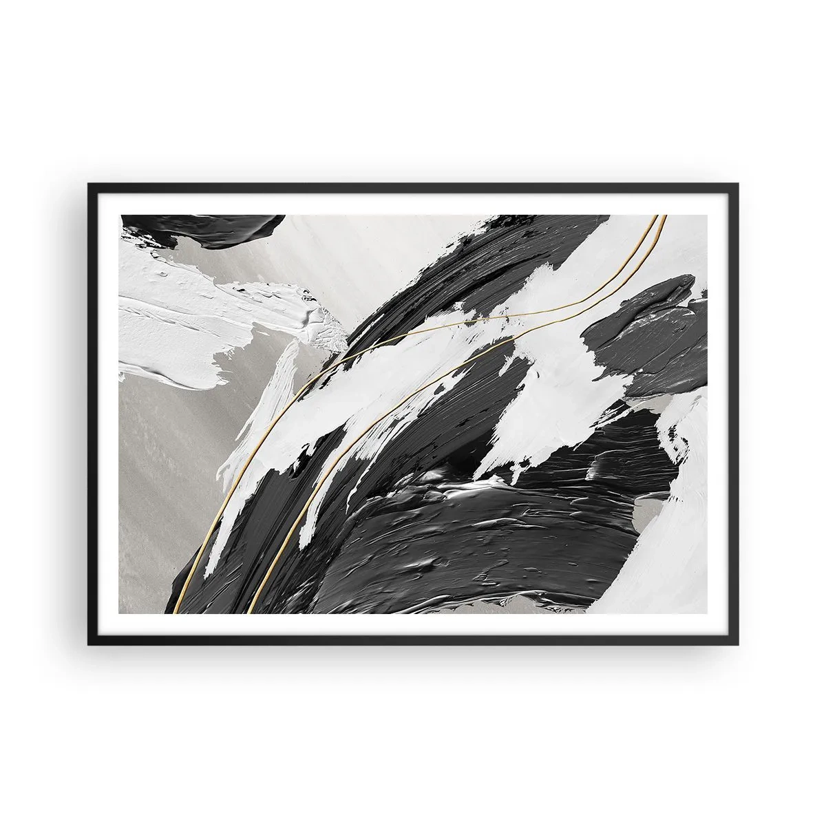 Póster en marco negro - Trazos de pintura en blanco y negro con un sutil acento dorado. - 100x70cm - Abstracción con estilo - Decoración de pared moderna para salón y dormitorio ARTTOR