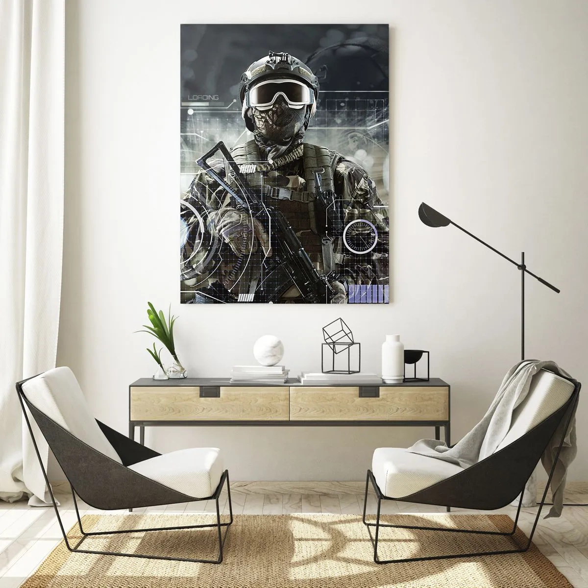 Cuadro sobre vidrio - Impresiones sobre Vidrio - Un soldado con equipo táctico frente a una interfaz futurista. - 50x70cm - De poder a poder - Decoración de pared moderna para salón y dormitorio ARTTOR